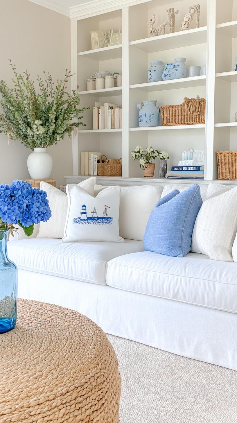 20 unique coastal farmhouse living room ideas, the woW 34 10. Place white whipped bookshelves with decor in the sea and farmhouse jewelry 2