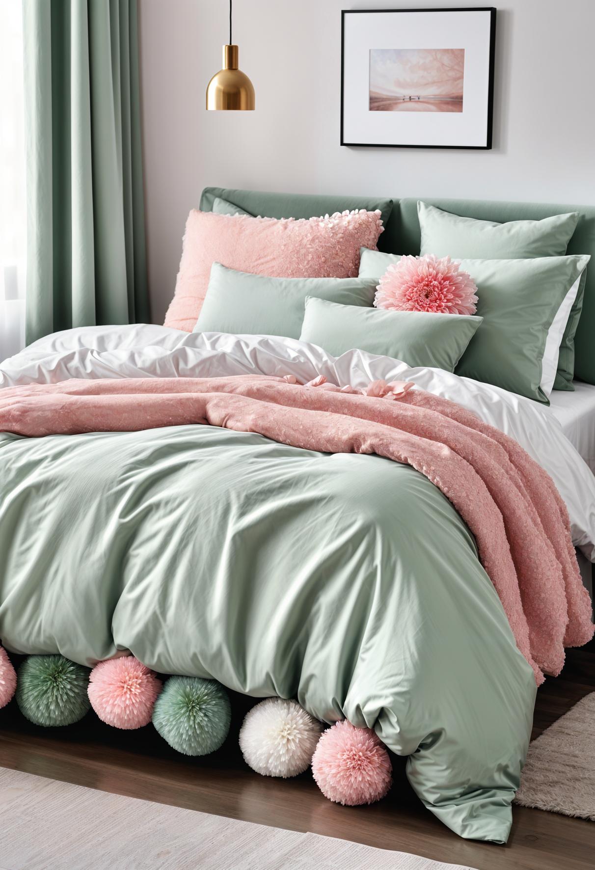 31 Chic Sage Green and Pink Bedroom Inspirations 48 31. Pom Pom Sage Pink Bedding-0