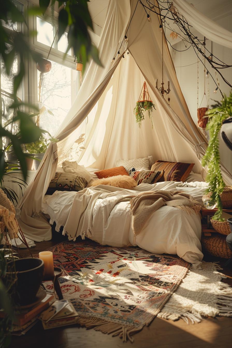 29 wunderschöne neutrale Boho -Schlafzimmer: verträumte und entspannende Räume 58 27. Tragbare nomadische Boho-Schlafzimmer Trends-0