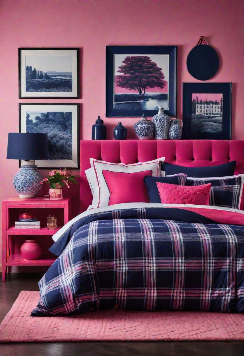63 Luxurious Pink Bedrooms to Warm Up Your Space 54 51. Preppy Pink and Navy Plaid-0