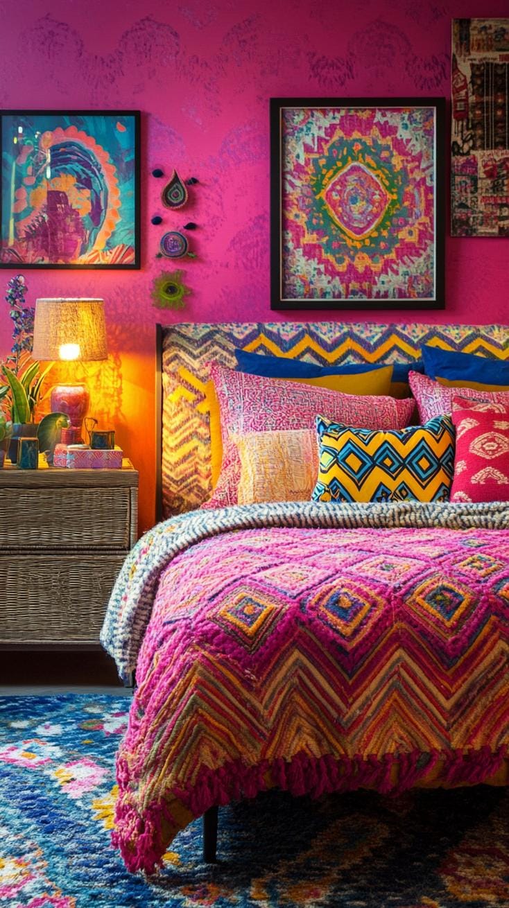 21 colorful boho bedroom ideas for a bizarre hippie vibe 14 5. Psychedelic pattern playground: combine zigzag pattern in bold pink, mustard yellow and cobalt blue-0