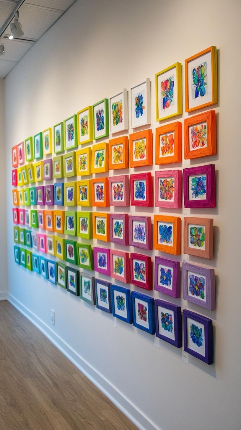 37 Gallery Wall Decor Ideas: Layouts And Styles to Elevate Any Room 76 25. Rainbow color gradient layout arranged in spectrum from left to right-1