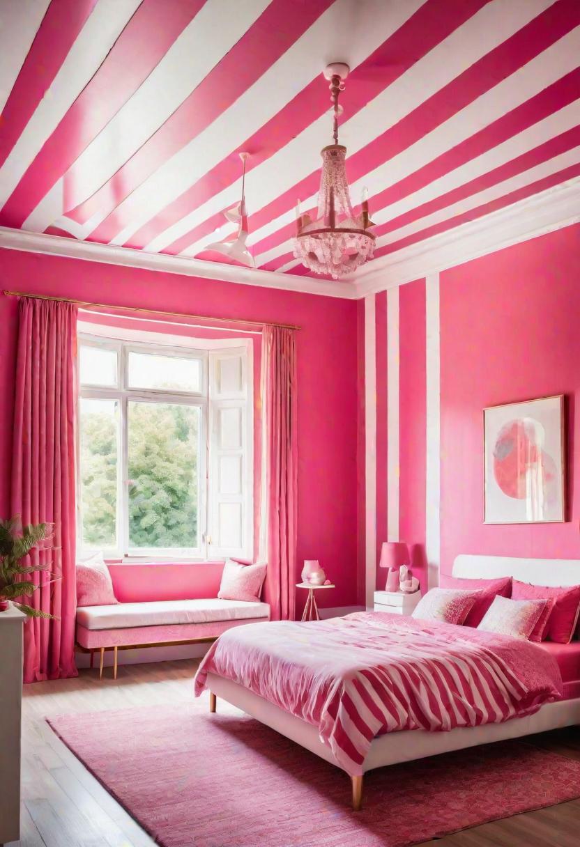 63 Luxurious Pink Bedrooms to Warm Up Your Space 17 15. Raspberry Pink Striped Ceiling-0