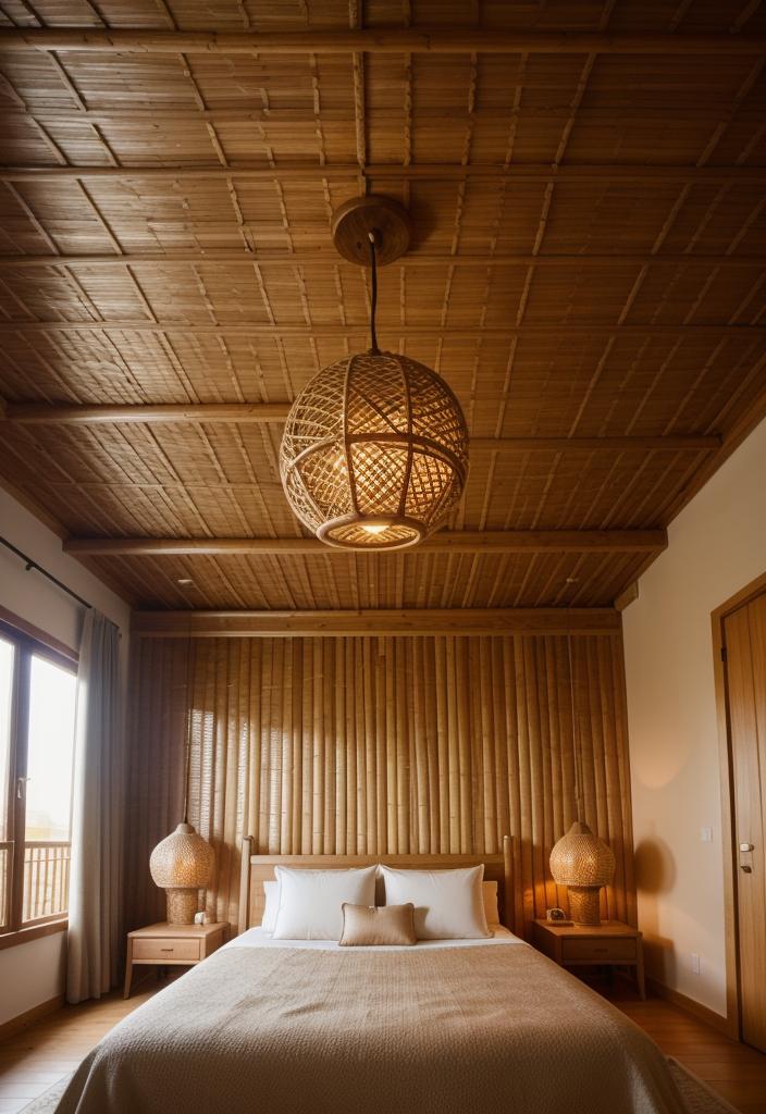36 Earthy Bedroom Ideas for a Serene Space 32 16. Rattan Ceiling Lamp Shades-1