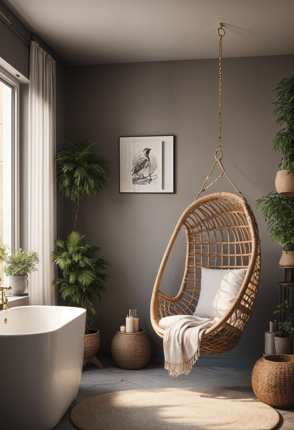 27 Dreamy Boho Bathroom Inspirations for Your Home Makeover 11 6. Rattan Swing for Cozy Corner-0