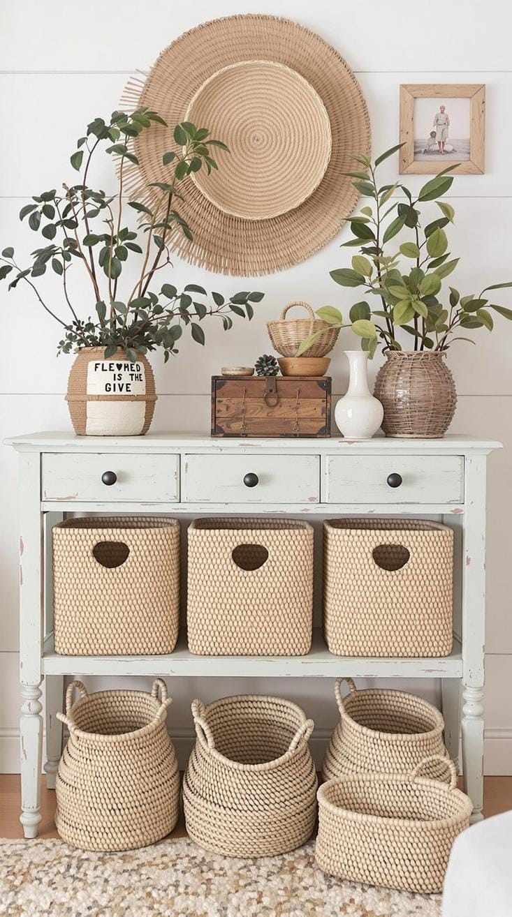23 einzigartige Boho Farmhouse Wohnzimmer Ideen zum Kopieren 25 8. Reclaimed Retreat: Verwenden Sie gebrauchte Möbel mit verzweifelten Oberflächen und setzen Sie die Bühne mit Pastellwänden und Naturfaserkörben für die Aufbewahrung-0 ein