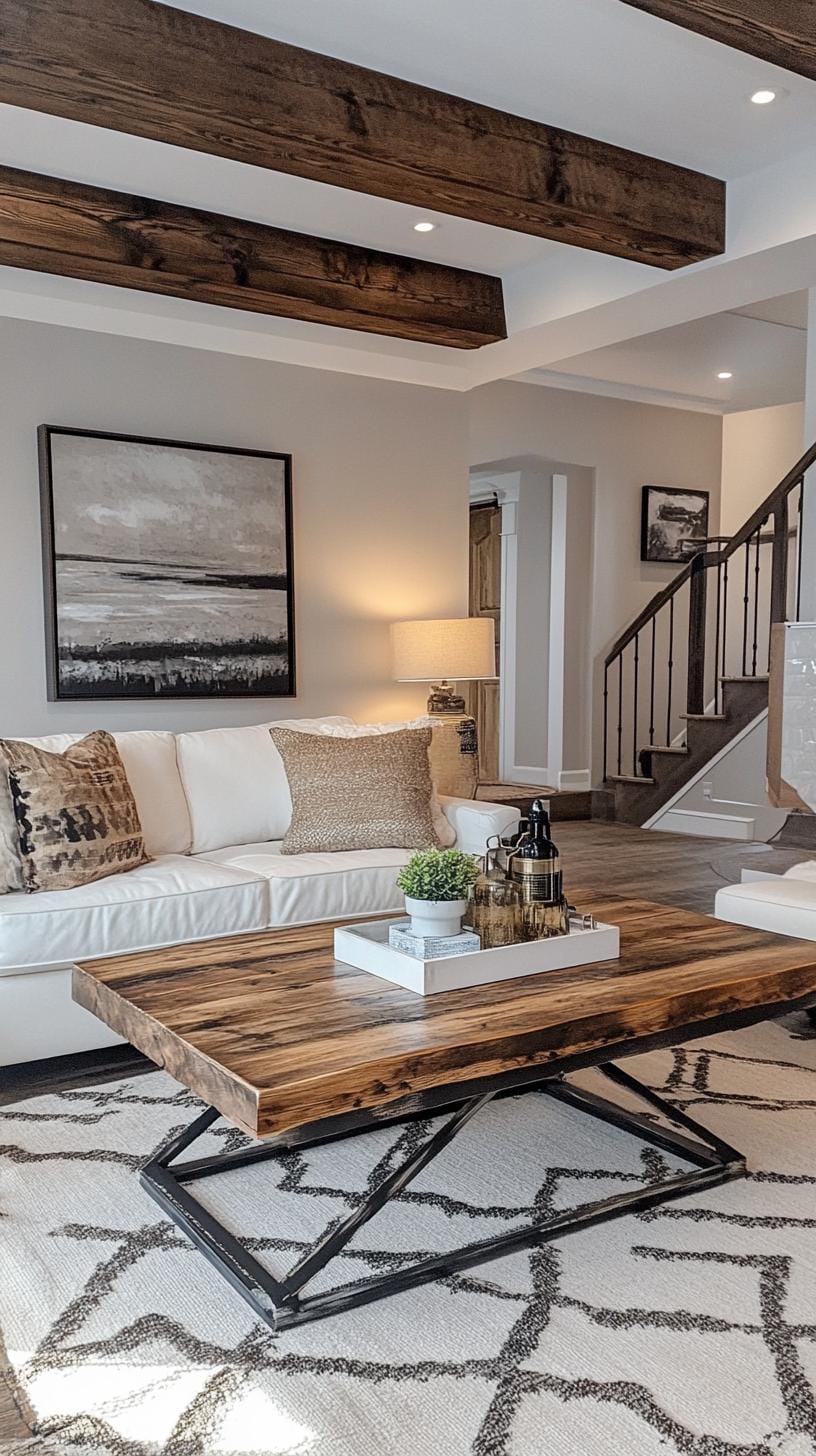 23 Best modern farmhouse living room ideas to inspire you 20 7. Recip the wooden coffee table with geometric metal base-0