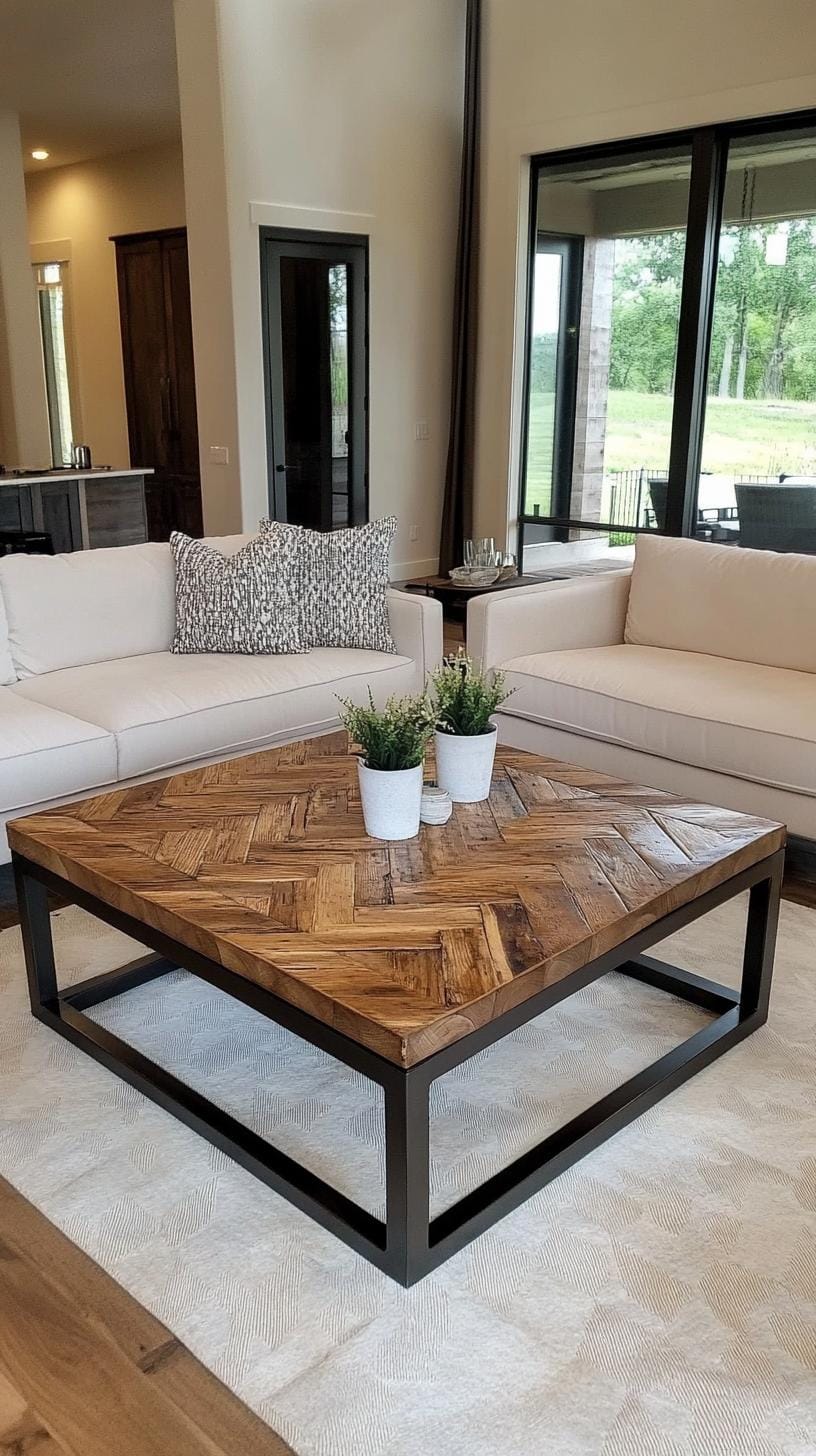 23 Best modern farmhouse living room ideas to inspire you 22 7. Recip the wooden coffee table with geometric metal base-2