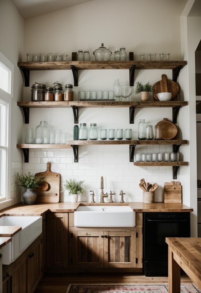33 Modern Farmhouse Kitchen Ideas: Blending Rustic Charm with Contemporary Design 5 3. Reclaimed Wood Open Shelving-0