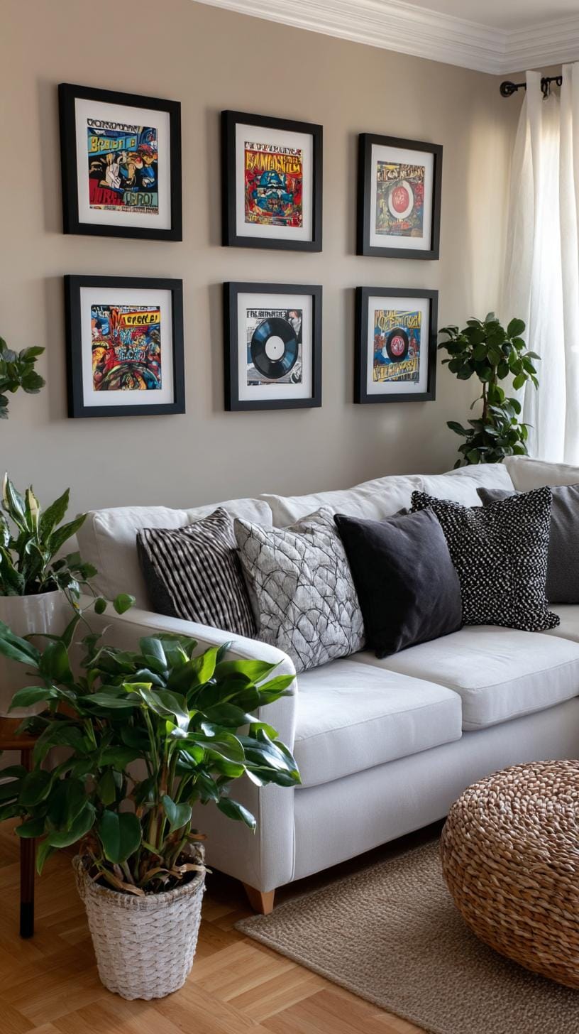37 Gallery Wall Decor Ideas: Layouts And Styles to Elevate Any Room 81 27. Record cover gallery made from framed vintage LP covers with bold graphics-0