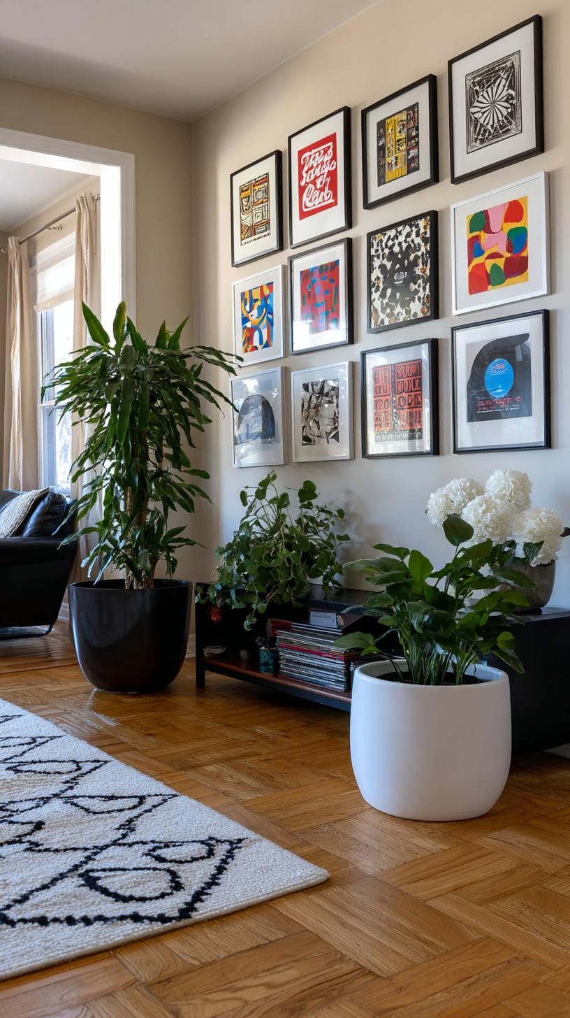 37 Gallery Wall Decor Ideas: Layouts And Styles to Elevate Any Room 82 27. Record cover gallery made from framed vintage LP covers with bold graphics-1