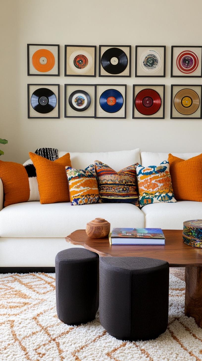 37 Gallery Wall Decor Ideas: Layouts And Styles to Elevate Any Room 83 27. Record cover gallery made from framed vintage LP covers with bold graphics-2