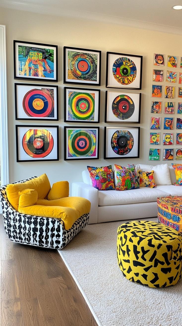 37 Gallery Wall Decor Ideas: Layouts And Styles to Elevate Any Room 84 27. Record cover gallery made from framed vintage LP covers with bold graphics-3