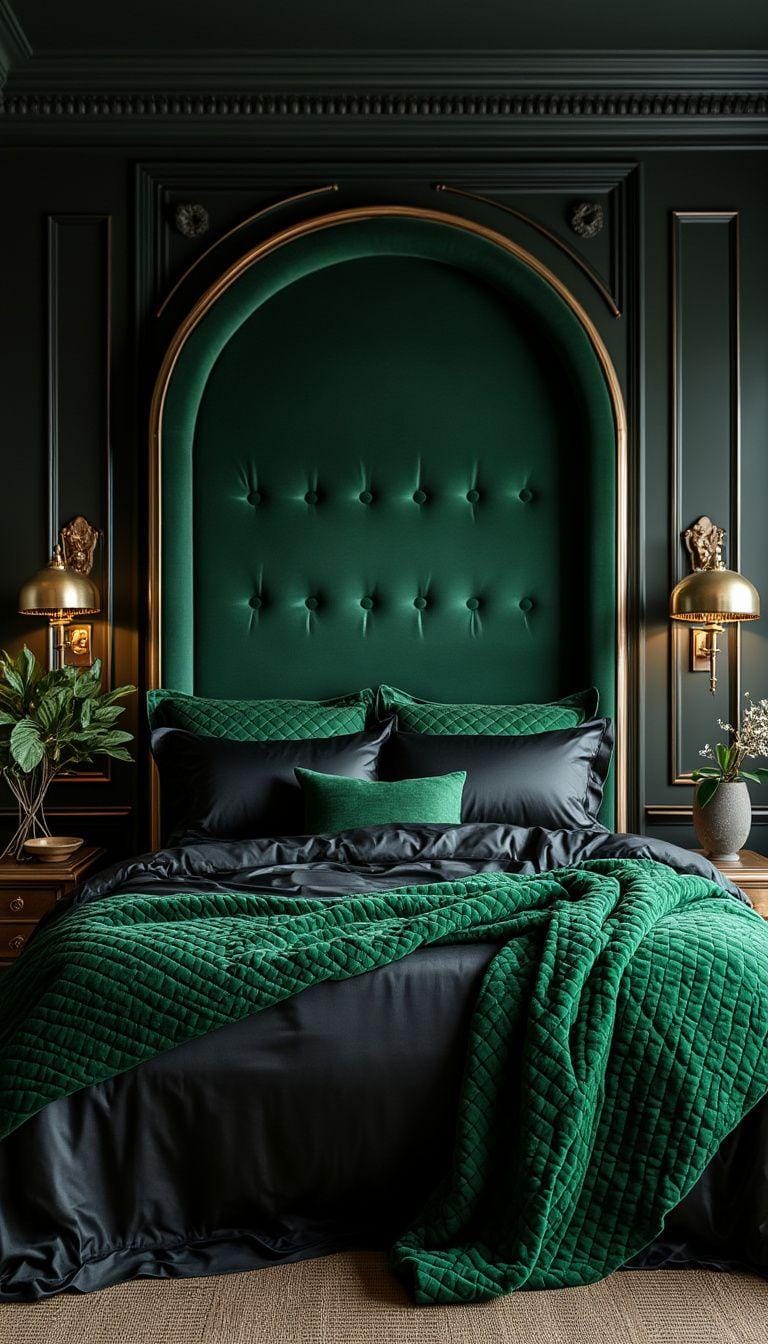 20 elegant black and green bedroom ideas that you have to see 39 13. Regal Refinement: Implement black silk linen paired with Emerald quilted throws for a royal touch-0