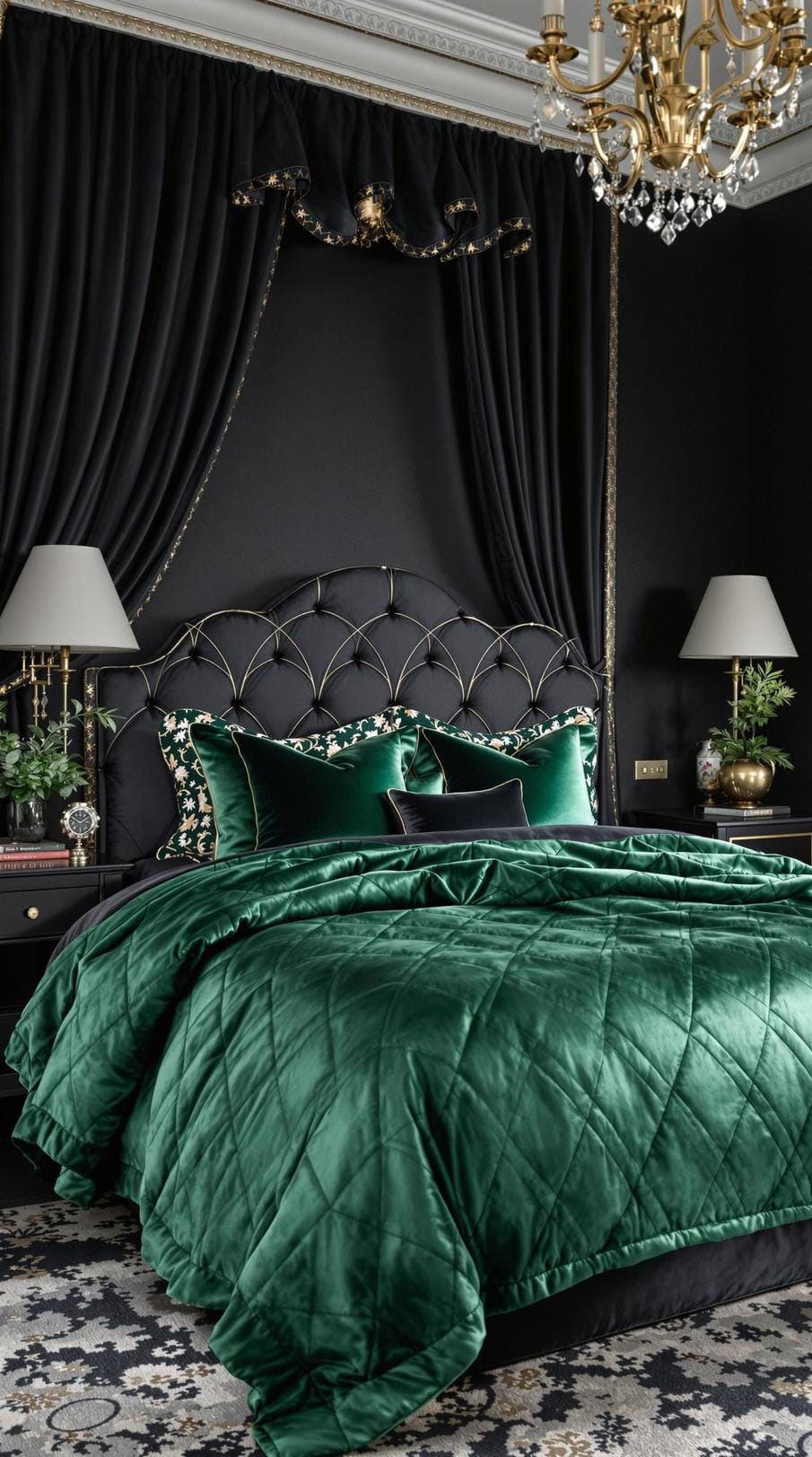 20 elegant black and green bedroom ideas you have to see 40 13. Regal Refinement: Implement black silk linen paired with Emerald quilted throws for a royal touch-1