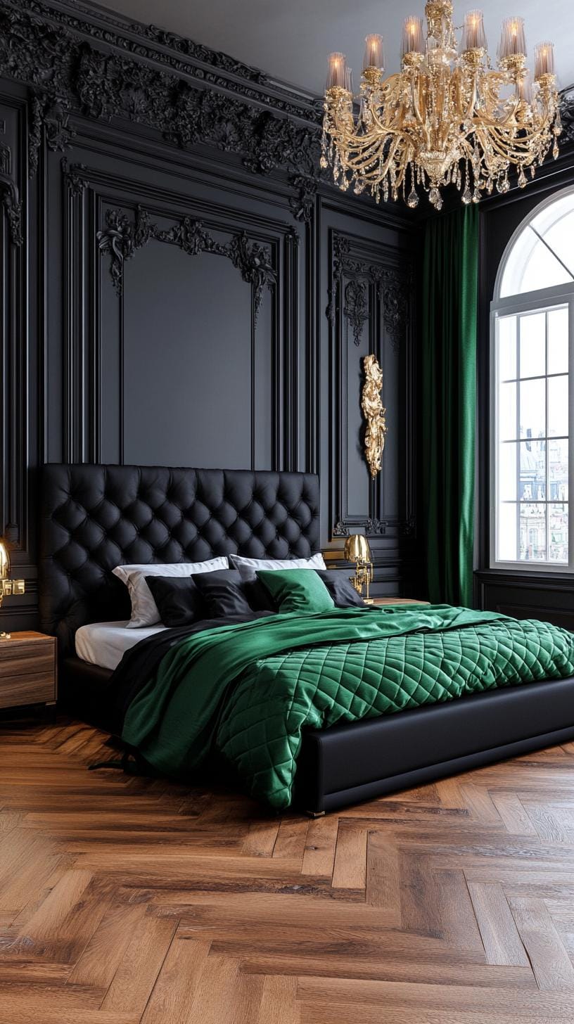 20 elegant black and green bedroom ideas that you have to see 41 13. Regal Refinement: Implement black silk linen paired with Emerald quilted throws for a royal touch-2