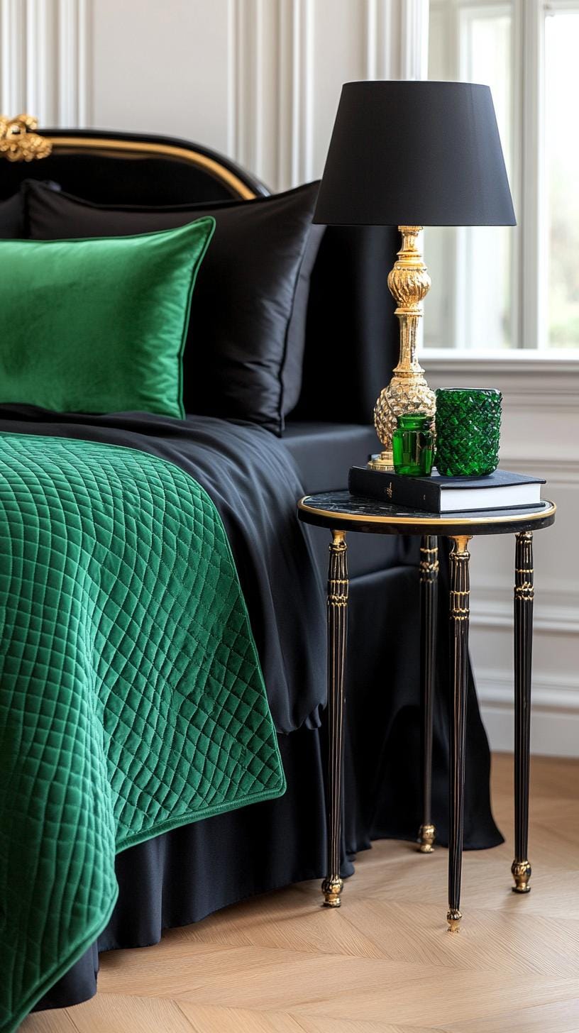 20 elegant black and green bedroom ideas that you have to see 42 13. Regal Refinement: Implement black silk wash paired with Emerald quilted throws for a royal touch-3