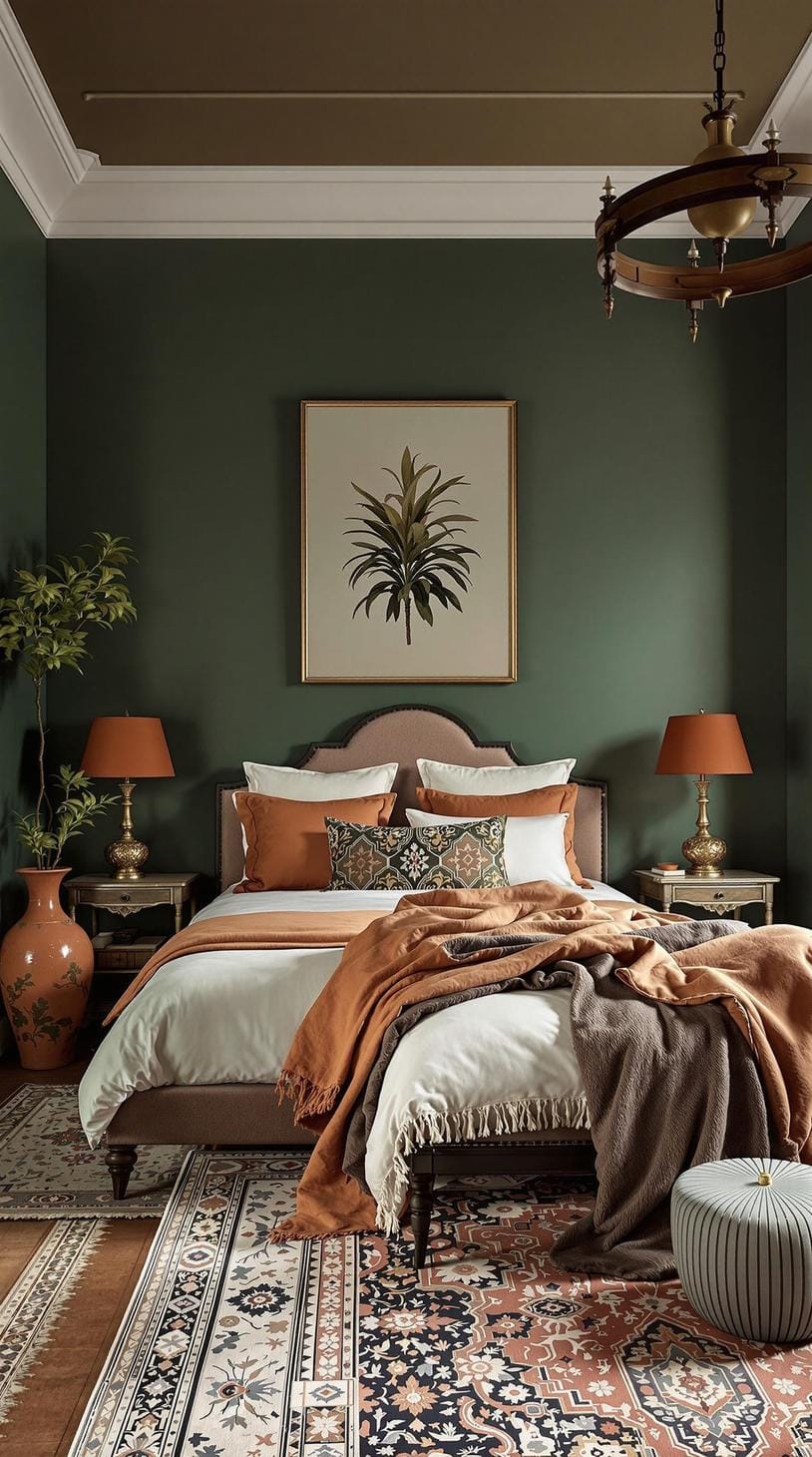 20 moody green bedroom ideas for a cozy retreat 37 12. Shelf Terracotta: Contrasted green walls against terracotta ceramics and carpets for a shelf Touch-0