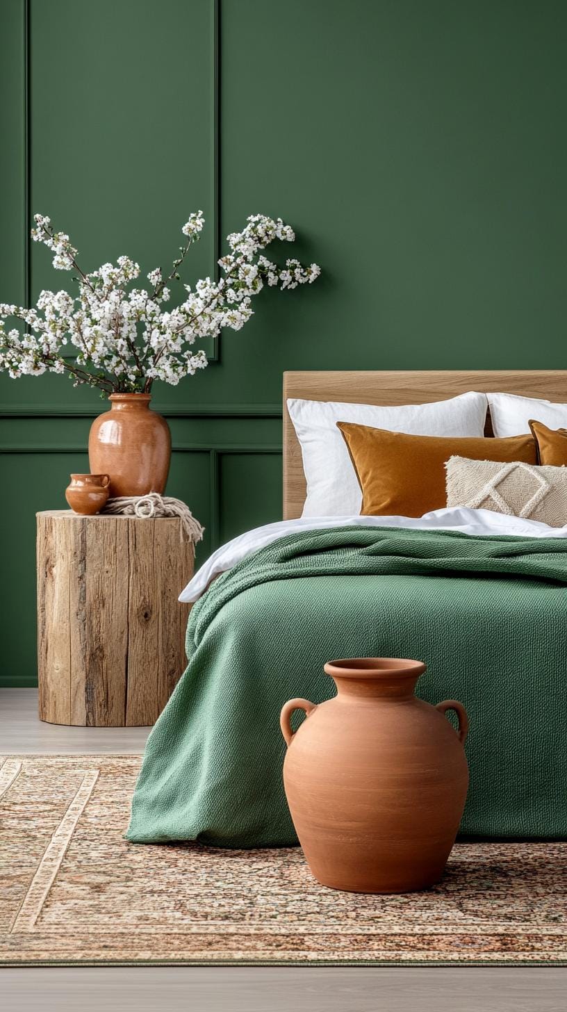 20 moody green bedroom ideas for a cozy retreat 38 12. Shelf Terracotta: Contrasted green walls against terracotta ceramics and carpets for a shelf Touch-1