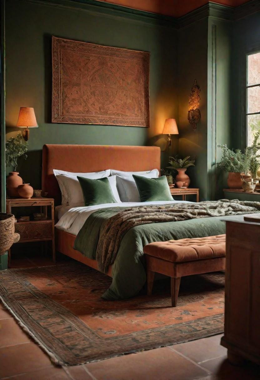20 moody green bedroom ideas for a cozy retreat 39 12. Regal Terracotta: Contrasted steamed green walls against terracotta ceramics and carpets for a shelf Touch-2