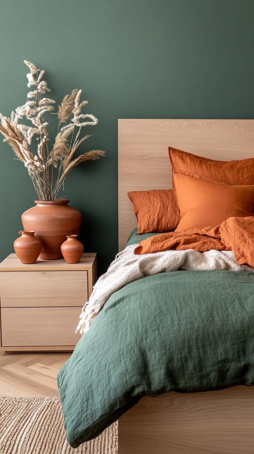 20 moody green bedroom ideas for a cozy retreat 40 12. Regal Terracotta: Contrasted green walls against terracotta ceramics and carpets for a shelf touch-3