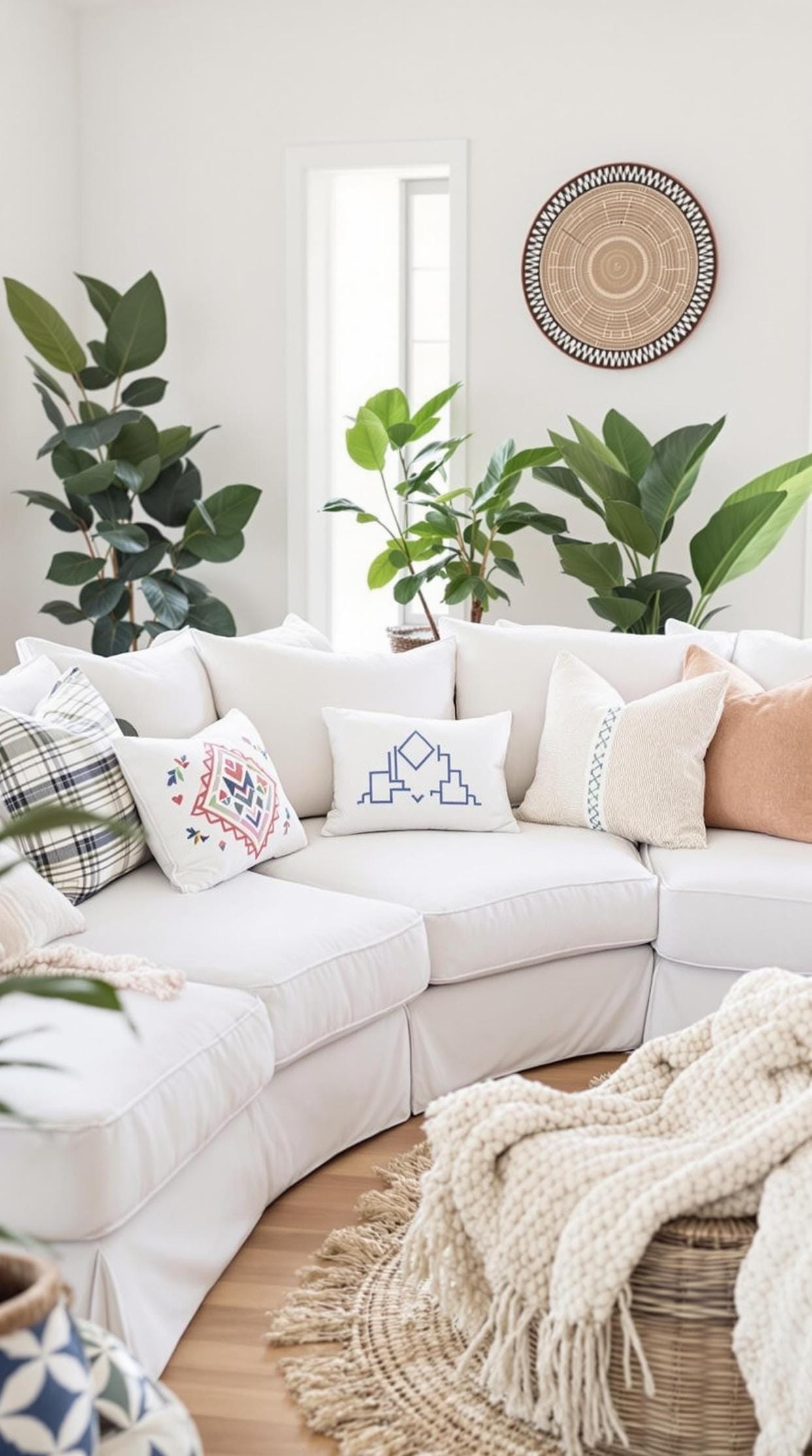 23 einzigartige Boho Farmhouse Wohnzimmer Ideen zum Kopieren 50 16. Entspannter Ruhe: Stil mit einem plüschigen übergroßen Schnitt, gestickten Kissen und geschalteten Textilien, unterstrichen durch natürliche Bodenbeläge und Grün-0-0.