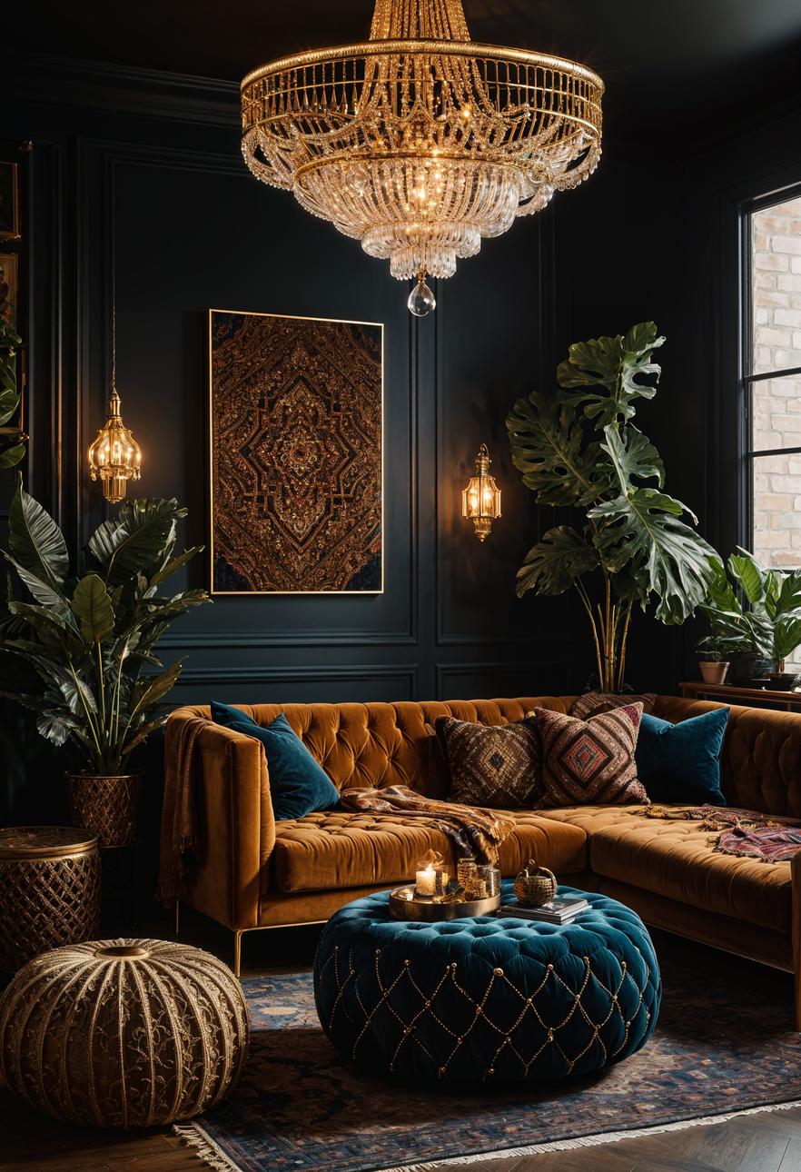 35 Gorgeous Dark Boho Living Room Inspirations 46 27. Retro Boho Glam Decor-1