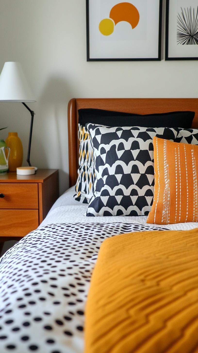 21 modern bedroom ideas for your 2025 makeover 43 13. Retro Modern with lively colors, strong prints and pieces from the middle of the century