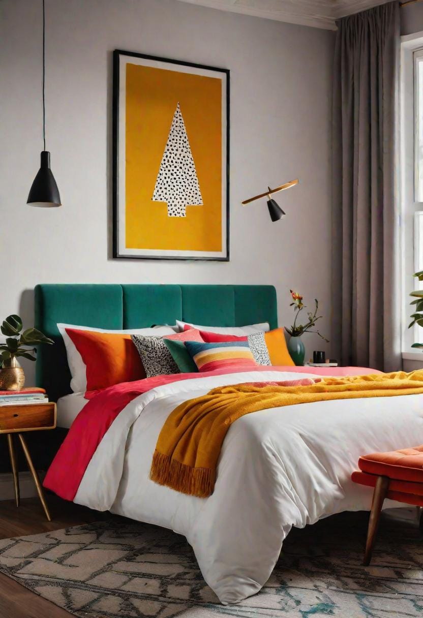 21 modern bedroom ideas for your 2025 makeover 44 13. Retro Modern with lively colors, strong prints and in the middle of the century-1