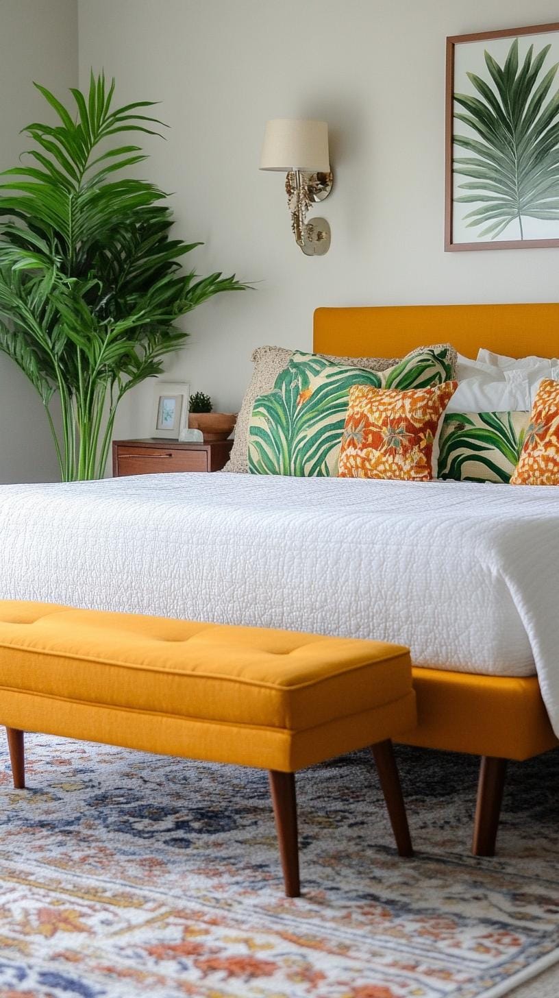 21 modern bedroom ideas for your 2025 makeover 45 13. Retro modern with lively colors, strong prints and pieces from the middle of the century