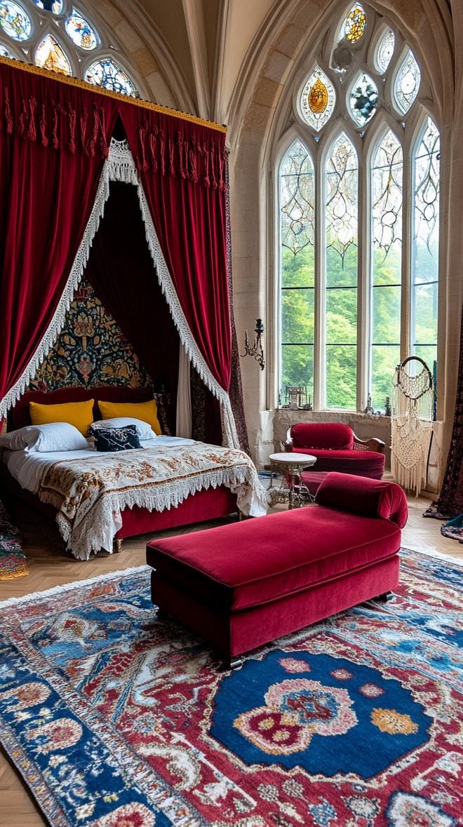 19 Best Gothic Boho bedroom ideas for a dreamy sanctuary 25 25 8. Rich Burgundy wall carpet curtains paired with Gothic top volume, the large arched Windows-0 frame
