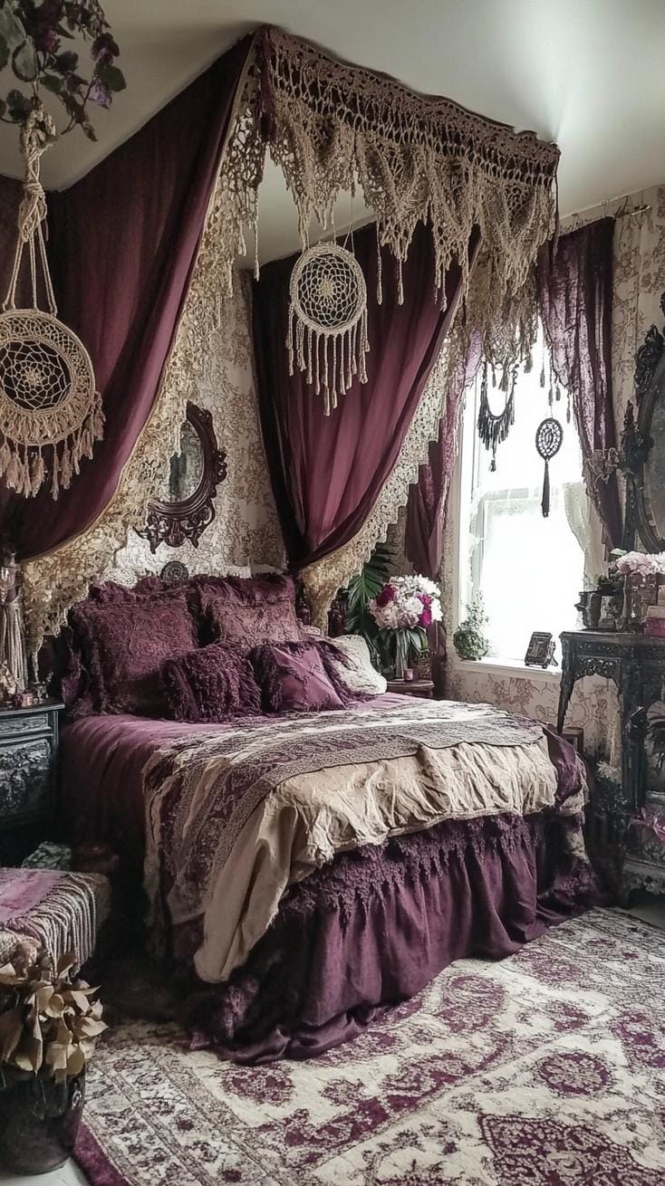 19 Best Gothic Boho bedroom ideas for a dreamy sanctuary 26 8. Rich Burgundy Wall Care Paired with Gothic top evalances, the large arched Windows-1 frame