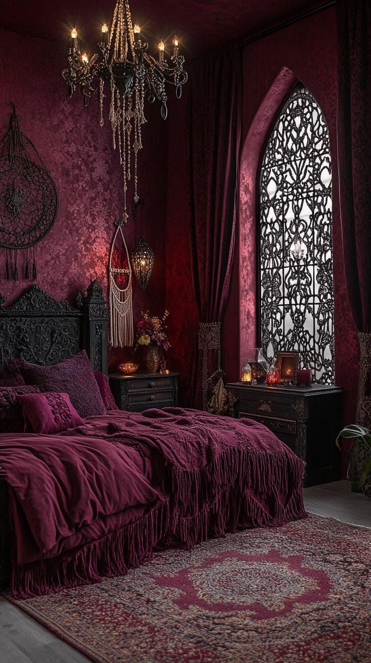 19 Best Gothic Boho bedroom ideas for a dreamy sanctuary 27 8. Rich Burgundy wall carpet curtains paired with Gothic top valves, the large arched Windows-2 frame