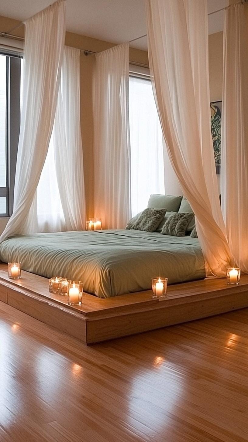 23 atemberaubende Ideen für olivgrüne Schlafzimmer, die Sie absolut lieben werden 35 10. romantisches olivgrünes Schlafzimmer mit phen Vorhängen und Kerzenhaltern-2