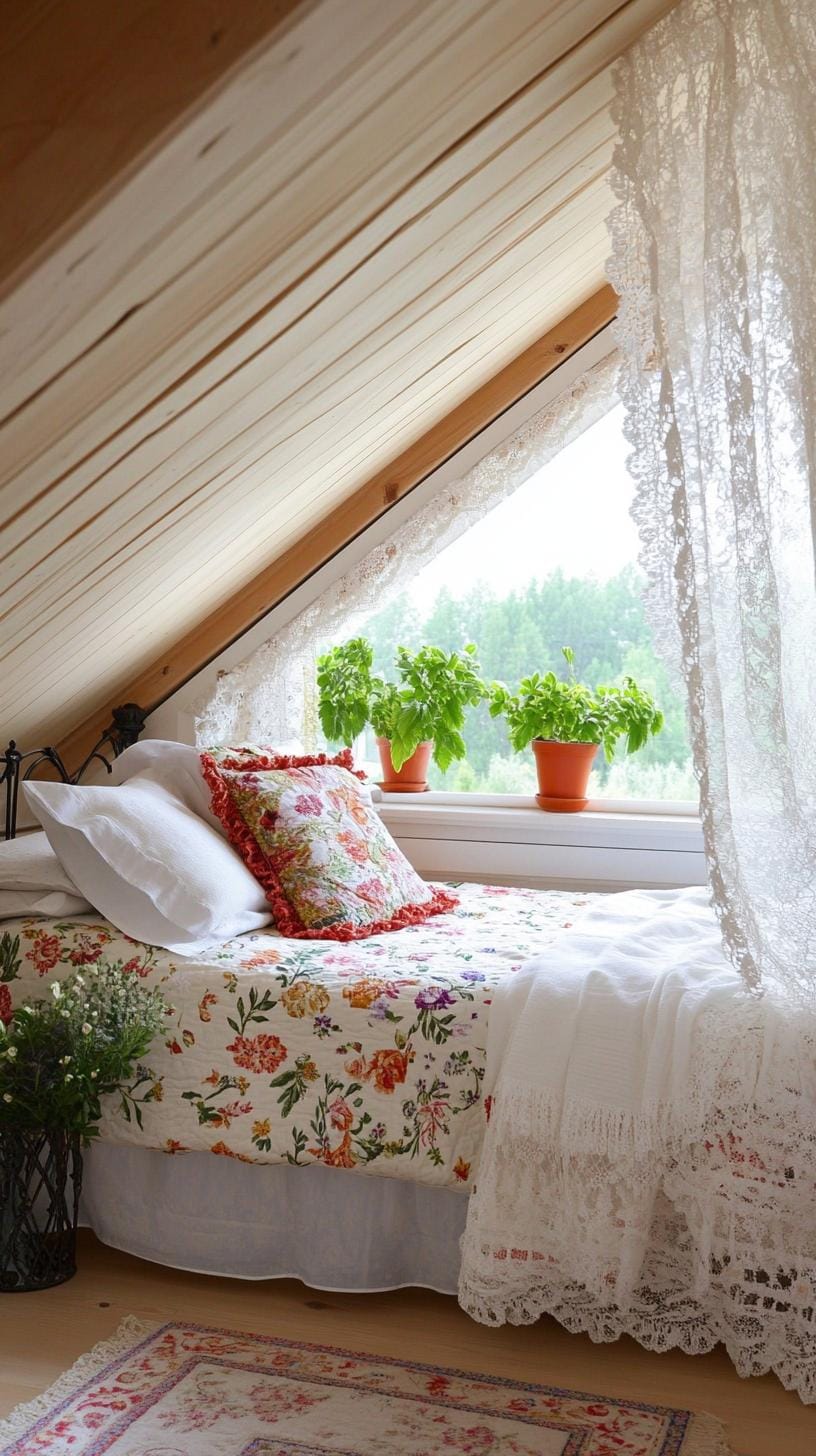 20 super cozy small roof tree bedroom ideas today 47 to explore 47 15th romantic vintage room with top curtains, flower patterns and a wrought iron-bed frame 1