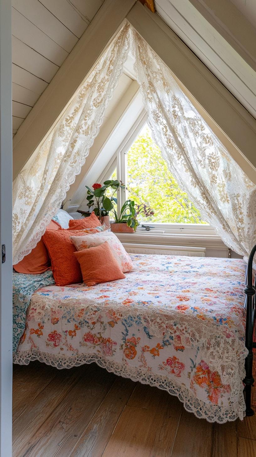 20 super cozy small roof tree bedroom ideas today 48 to explore 48 15th romantic vintage room with lace curtains, flower patterns and a wrought iron frame-2