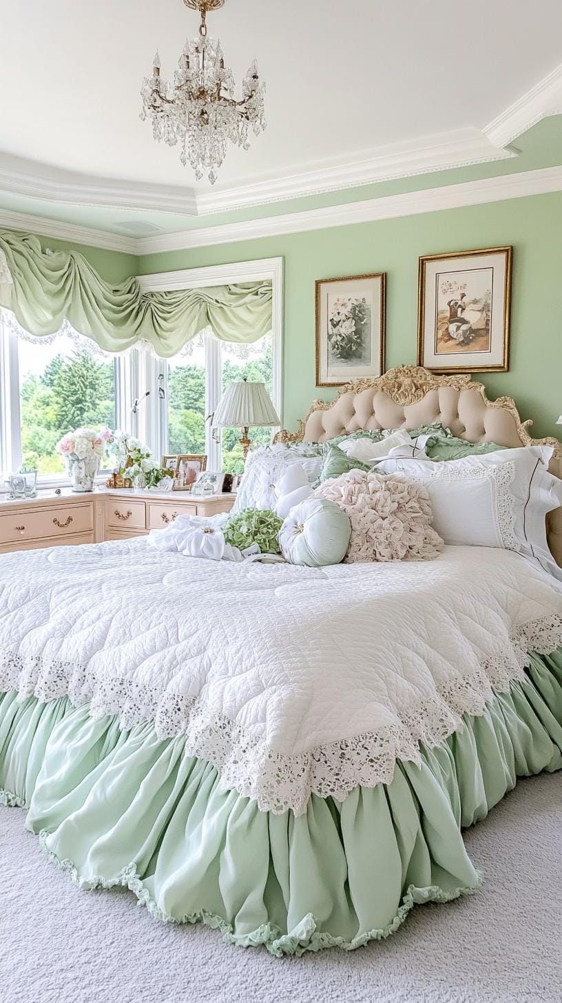 25 Trendy Sage Green Schlafzimmer Ideen für 2025 68 21. Romantischer Vintage Boudoir mit Salbeigrün gekräuselt und antike Kommoden-0