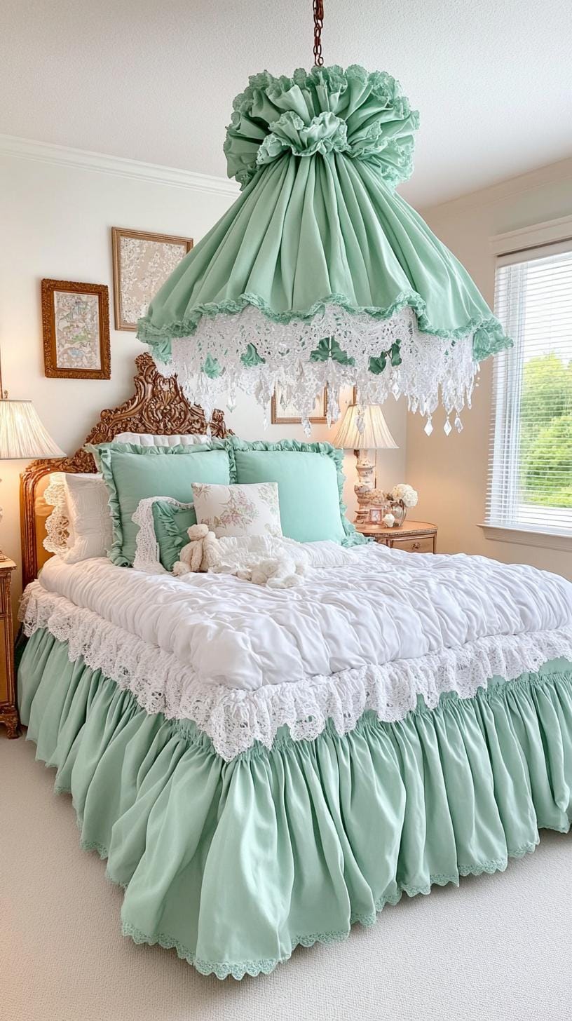 25 Trendy Sage Green Schlafzimmer Ideen für 2025 69 21. Romantischer Vintage Boudoir mit Salbeigrün gekräuselt und antike Kommoden-1
