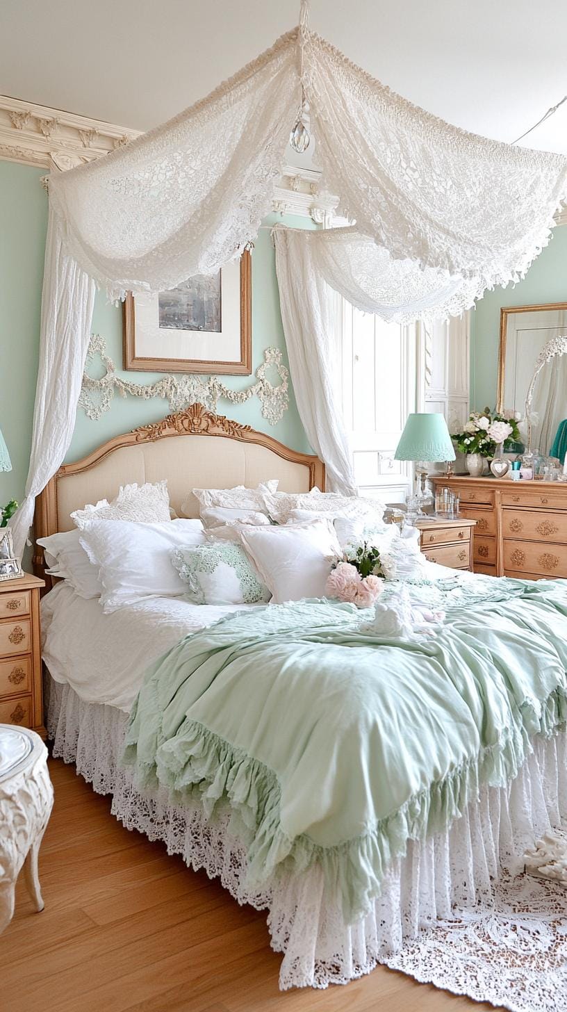 25 Trendy Sage Green Schlafzimmer Ideen für 2025 70 21. Romantische Vintage Boudoir mit Salbeigrün gekräuselt und antike Kommoden-2