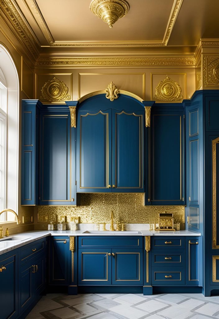 39 Trendy Blue Kitchen Cabinet Ideas: with Cool, Sophisticated Vibes 13 9. Royal Blue with Gold Accents-1