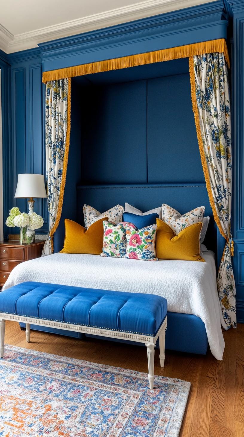 21 Best Blue Boho bedroom ideas to inspire you 39 12. Royal Retreat: Dressing Royal Blue Polstery with golden-directed pillows and ethereal drapery-0 tighten