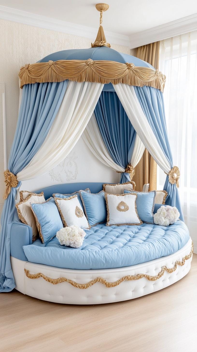 21 Best Blue Boho bedroom ideas to inspire you 40 12. Royal Retreat: Dressing Royal Blue Polstery with golden-directed pillows and ethereal drapery-1 tighten