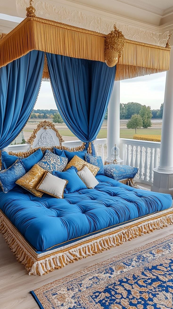 21 Best Blue Boho bedroom ideas to inspire them 41 12. Royal Retreat: Dressing Royal Blue Polstery with golden-directed pillows and ethereal drapery-2 tighten