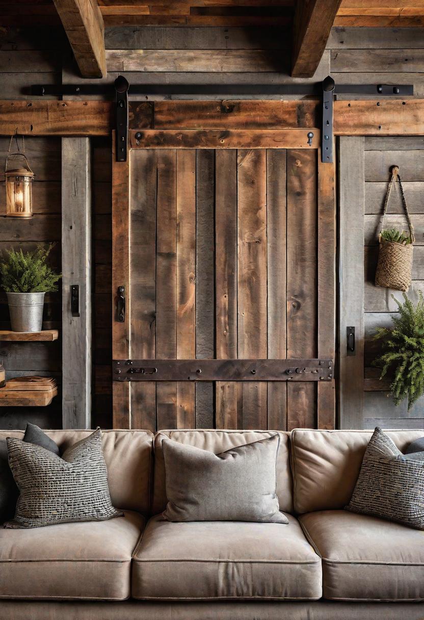 29 Kreativ über den Couch Decor -Ideen, um Ihr Wohnzimmer zu verändern 7 5. rustikaler Scheunentür Dekor Idea-0
