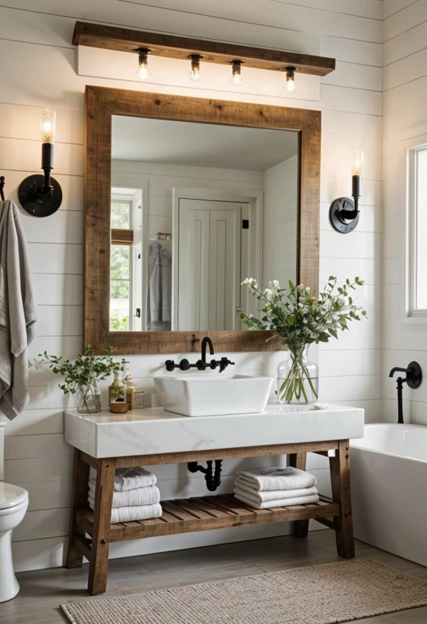 24 Chic Farmhouse Bathroom Designs for Cozy Living 3 4. Rustic Bathroom Mirror Frames-0