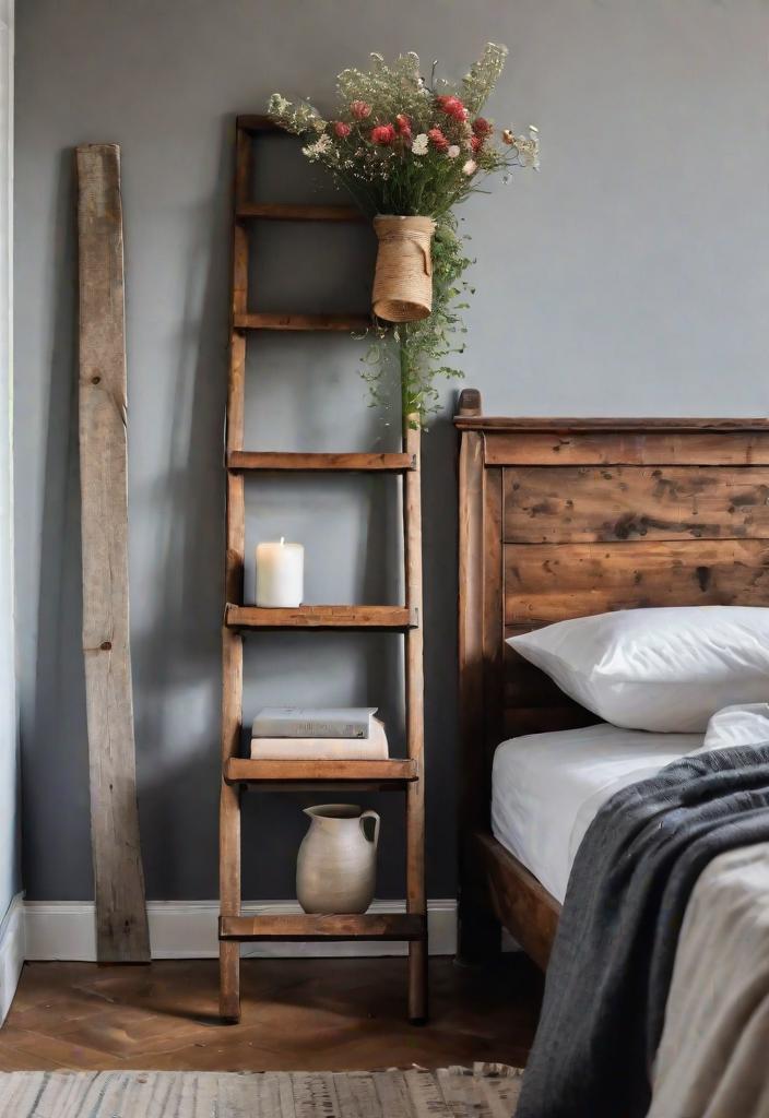 38 Genius Farmhouse Bedroom Ideas 3 1. Rustic Bedside Organizer: Vintage Ladder-0