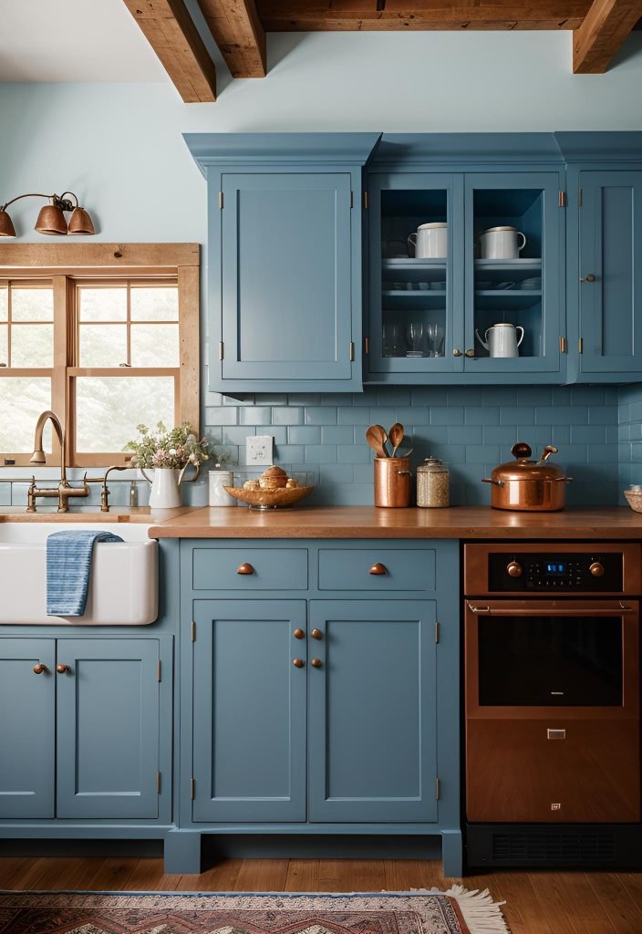 39 Trendy Blue Kitchen Cabinet Ideas: with Cool, Sophisticated Vibes 7 5. Rustic Blue Cabinets with Copper-0