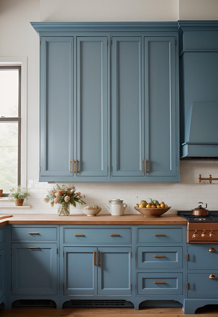 39 Trendy Blue Kitchen Cabinet Ideas: with Cool, Sophisticated Vibes 8 5. Rustic Blue Cabinets with Copper-1