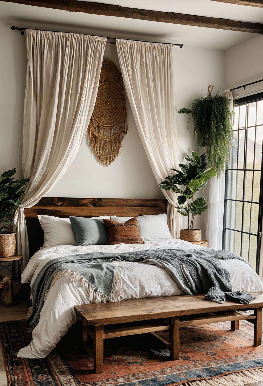 29 wunderschöne neutrale Boho -Schlafzimmer: verträumte und entspannende Räume 12 5. Rustic Boho Schlafzimmer Oasis Essentials-0
