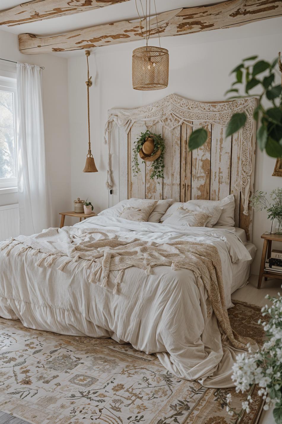 29 wunderschöne neutrale Boho -Schlafzimmer: verträumte und entspannende Räume 13 5. Rustic Boho Schlafzimmer Oasis Essentials-1